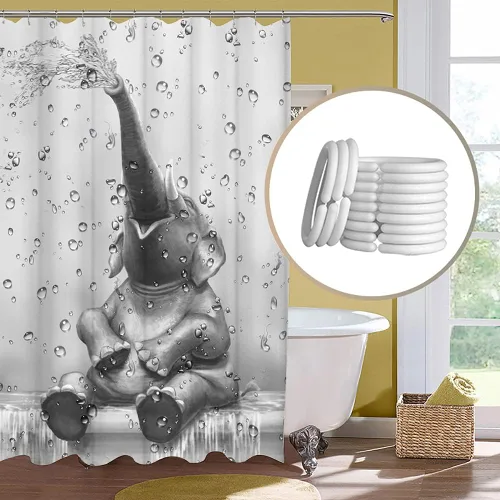 Miniatura 5 de Cortina de ducha de elefante africano, divertida cortina de baño con diseño de elefante, lindo animal salvaje sobre fondo de gota de lluvia, juego