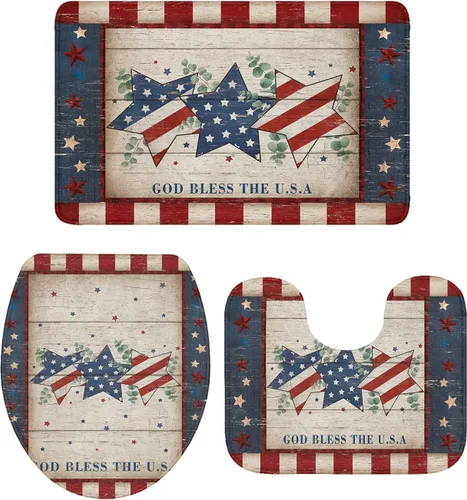 Miniatura 10 de Savannan Juego de 3 tapetes de baño, diseño patriótico de la bandera estadounidense, pentagrama, libertad, país, absorbente, suave, antideslizante