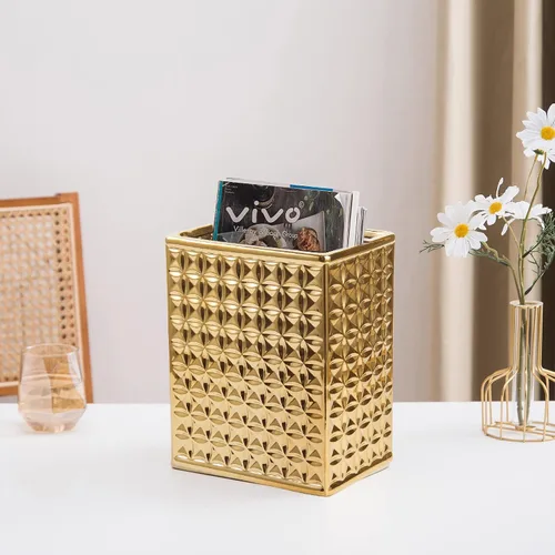 Miniatura 6 de Basurero para baño, pequeño bote de basura de oficina para cocina, cubo de basura rectangular delgado, cerámica, dorado