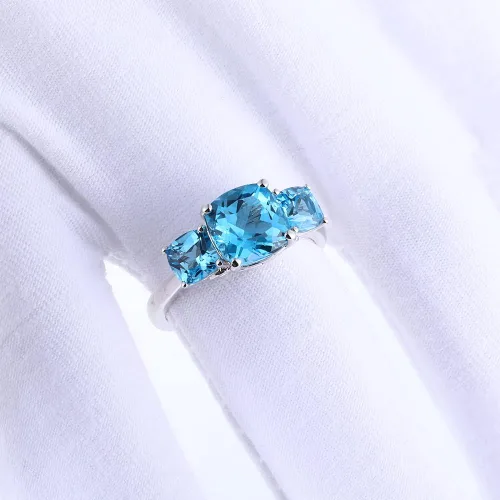 Miniatura 5 de supermodel 925 Sterling Silver Solitaire 3 Stone Statement Ring for Women 4 Cttw 8MM Natural Blue Topaz Promise Ring 18K White Gold Plated Size 6