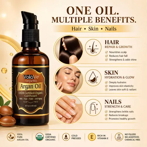 Miniatura 2 de Aceite de argán virgen orgánico Voilave USDA, 4 onzas líquidas Certificado orgánico USDA y ECOCERT, prensado en frío, botella con dispensador