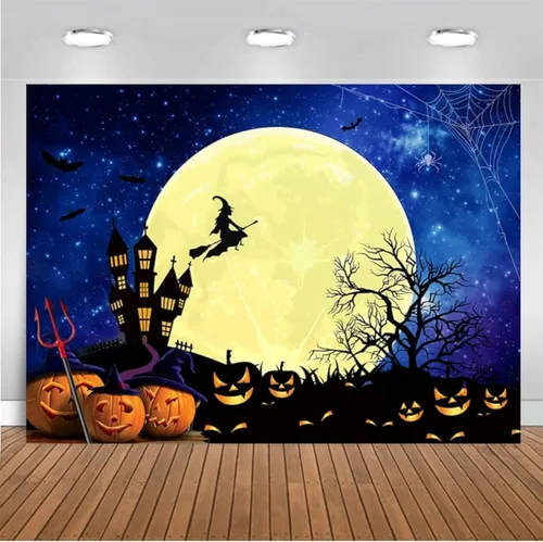 Miniatura 7 de CHAIYA Telón de fondo de Halloween de 7 x 5 pies Jack O'Lantern calabaza linterna naranja noche luna murciélago araña telaraña cementerio valla