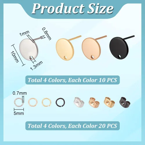 Miniatura 3 de UNICRAFTALE 4 aretes tipo dormilona de acero inoxidable con tuercas de 0.031 in (20 pares) de acero inoxidable con tuerca de 0.031 in, aretes