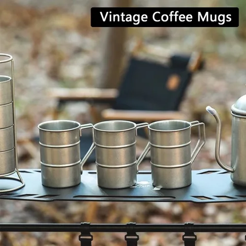 Miniatura 6 de Tazas de café vintage de acero inoxidable con asa, tazas de café para campamento, taza de senderismo al aire libre, equipo de campamento ligero