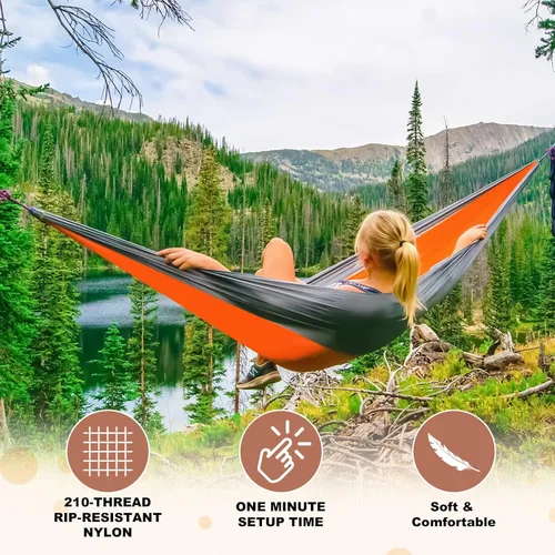 Miniatura 4 de SZHLUX Hamaca de camping doble y individual Hamacas portátiles con 2 correas de árbol, ideal para senderismo, mochileros, caza, al aire libre