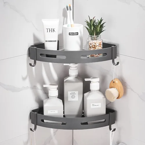 Miniatura 9 de Estante de esquina adhesivo para baño, organizador de ducha para cocina, inodoro, sin perforaciones, 2 niveles, estantes esquineros de baño