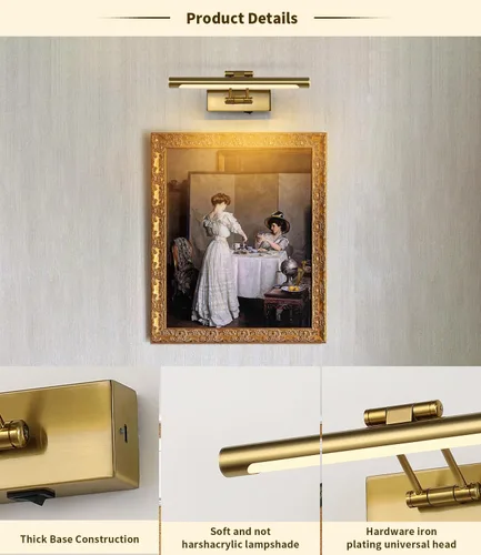 Miniatura 6 de Luces de imagen a pilas con control remoto y temporizador, luz de arte inalámbrica para pinturas con brazo oscilante ajustable en latón, luces