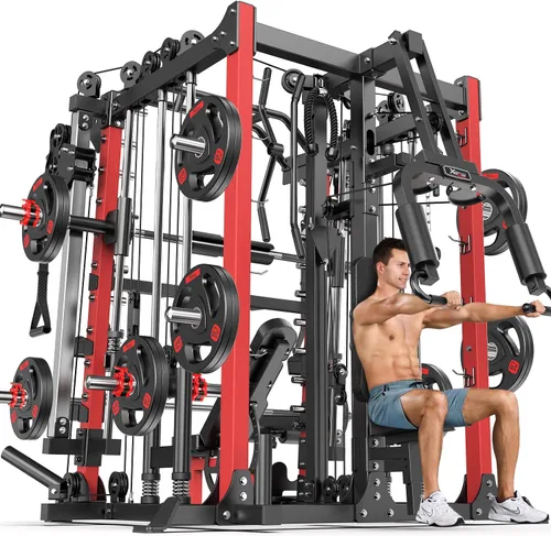 Miniatura 15 de Máquina Smith con sistema de cruce de cables, jaula de potencia multifunción para sentadillas y rack de potencia para gimnasio en casa, rack de Negro