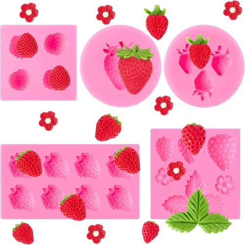 5 moldes de silicona para fresas, moldes de fondant de fresa 3D para chocolate, dulces, decoración de pasteles, decoración de cupcakes
