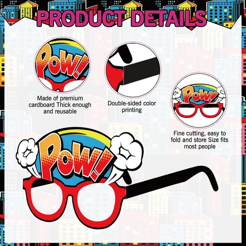 Miniatura 3 de 32 piezas de regalos de fiesta de héroes cómics, gafas de papel para cabina de fotos, accesorios para eventos de cumpleaños, suministros de fiesta