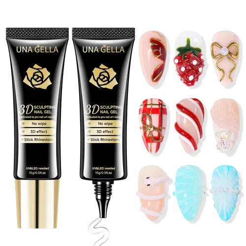 Miniatura 9 de UNA GELLA Arte de uñas en gel 3D, 2 piezas de 15 g de gel de esculpido transparente sin necesidad de limpieza para puntas de uñas, dibujo, moldeado