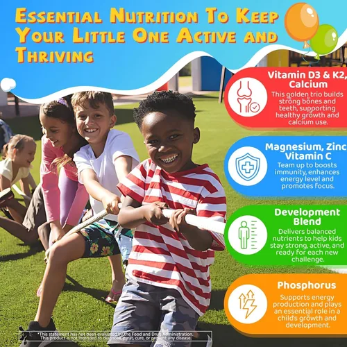 Miniatura 4 de Gomas de vitamina D3 K2 para niños + calcio, magnesio, zinc, fósforo, vitamina C, suplemento multivitamínico para niños D3 y K2 para la salud ósea