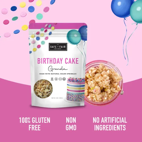 Miniatura 3 de Safe + Fair - Granola de Pastel de Cumpleaños, sin gluten, vegano y a base de plantas con chispitas naturales, 0g de grasas trans, sin OGM, kosher
