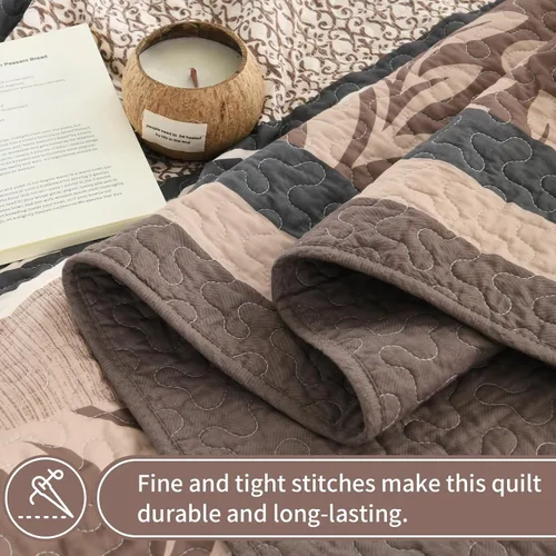 Miniatura 4 de KALOOLA Colchas de granja tamaño Queen – Juego de ropa de cama acolchado ligero 100% algodón, 3 piezas, colcha botánica a rayas estampada con 2
