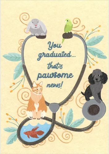 Designer Greetings Pawsome News: Conejo, loro, perro, gato y pescado en estetascope tarjeta de felicitación de graduación para veterinario: escuela