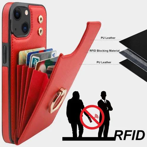 Miniatura 5 de Folosu Funda compatible con iPhone 13 con soporte para tarjetas, rotación de 360°, soporte de anillo de dedo con función atril, protección con Rojo