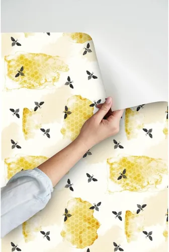 Miniatura 3 de Spoonflower Papel tapiz autoadhesivo de 3 x 2 pies – Abeja verano jardín acuarela miel oro negro nido de abeja insectos colmena abeja abejas papel