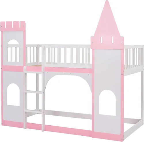 Miniatura 4 de DEINPPA Litera individual, marco de cama individual sobre individual, cama alta de madera con forma de castillo con escalera de barandilla