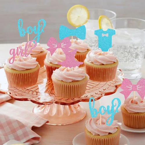 Miniatura 6 de Paquete de 24 adornos para cupcakes para niños o niñas, con purpurina rosa y azul, palillos para cupcakes de baby shower, corbatín, mameluco, mono