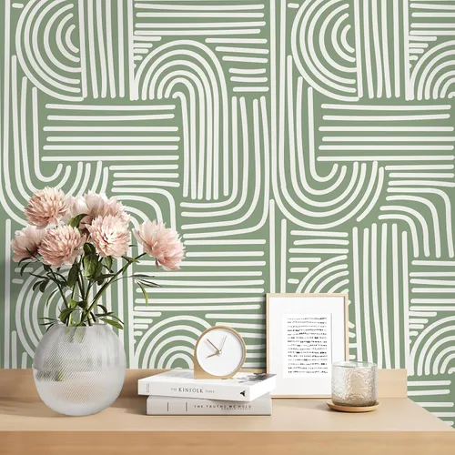 Miniatura 4 de VEELIKE Papel tapiz geométrico verde salvia para despegar y pegar, papel tapiz geométrico abstracto bohemio para dormitorio, baño, pared decorativa