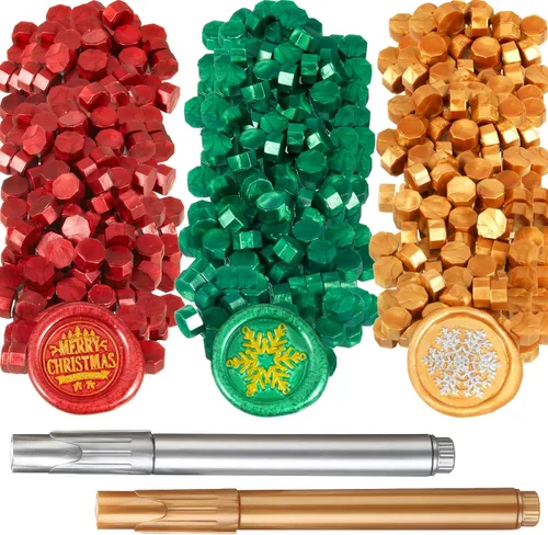 Jetec Juego de 300 cuentas de cera de sellado de Navidad, color verde, rojo, dorado, octágono, cuentas de cera con bolígrafo metálico dorado o