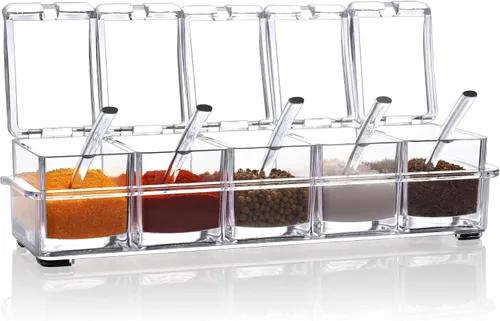 Miniatura 12 de V·RESOURCING Caja de condimentos transparente, 3 piezas de recipientes de especias con soporte para condimentos, sal y azúcar, con 3 cucharas
