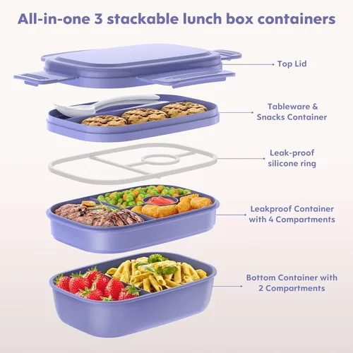 Miniatura 4 de HOMETALL - Lonchera bento apilable para niños y adultos, gran capacidad de 1900ml, contenedores de almuerzo a prueba de fugas con juego de cubiertos