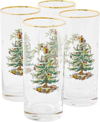 Spode - Cristalería con decoración de árbol de Navidad, juego de 4, vasos clásicos de vidrio con borde dorado, regalo para Navidad, festividades o