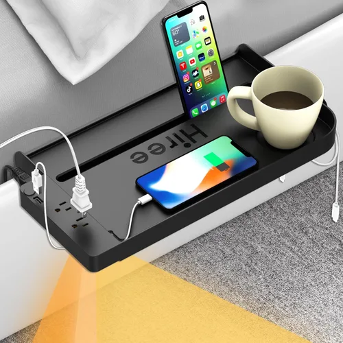Estante de noche para dormitorio, litera con puerto de carga USB y 2 salidas de CA, mesita de noche, mesita de noche acoplable, bandeja de noche