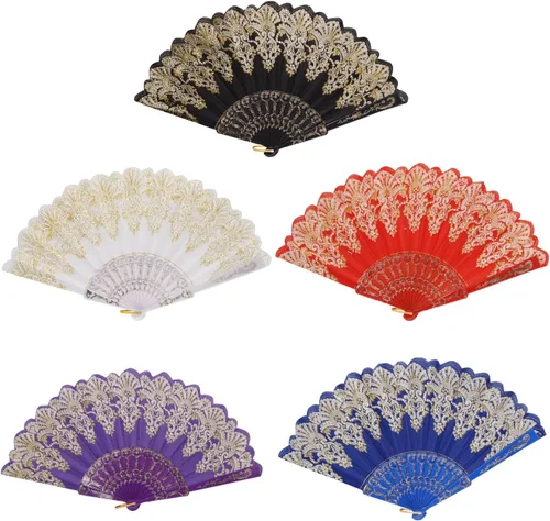 Miniatura 10 de INNOLIFE Abanico de mano plegable español con patrón retro para mujeres, abanico plegable chino de mano para fiestas, baile, bodas y decoración