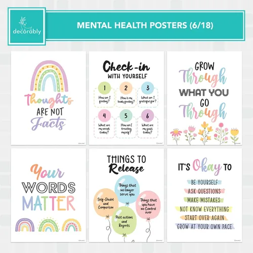 Miniatura 3 de Decorably 18 pósteres de salud mental para niños, 8 x 10 pulgadas, laminado mate, inspirador, decoración de aprendizaje socioemocional – aulas