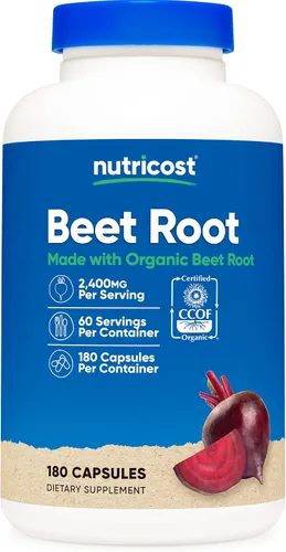 Nutricost Raíz de remolacha 2400 mg, 180 cápsulas – Certificado CCOF fabricado con raíz de remolacha orgánica, superalimento, 60 porciones
