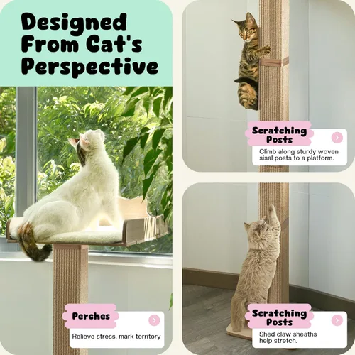Miniatura 2 de Percha para ventana de gato con poste rascador de sisal grueso, hamaca para gatos para ventana, poste rascador ajustable de 53.5 pulgadas para gatos
