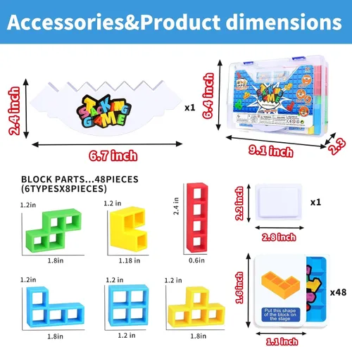 Miniatura 2 de BBnote Juego de apilar de 48 piezas para adultos y niños, juegos de torre de tablero tetra para viajes familiares y fiestas, juguete de equilibrio