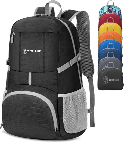 Miniatura 14 de ZOMAKE Mochila Ligera Empacable de 35L, Mochilas Ligeras Plegables Resistentes al Agua Bolsa de Senderismo Colapsible, Paquete de Día Plegable Rojo