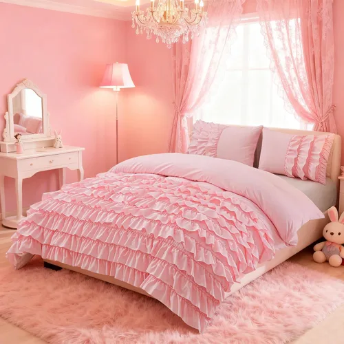 Miniatura 14 de Holawakaka Juego de edredón con volantes en cascada de color azul claro, juego de ropa de cama con volantes estilo shabby chic para niñas, mujeres