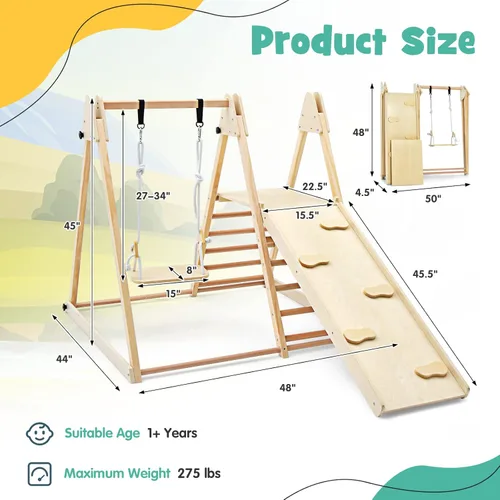 Miniatura 7 de OLAKIDS Gimnasio de la selva para interiores, 4 en 1, plegable de madera Montessori, juguetes de escalada para bebés, con rampa deslizante