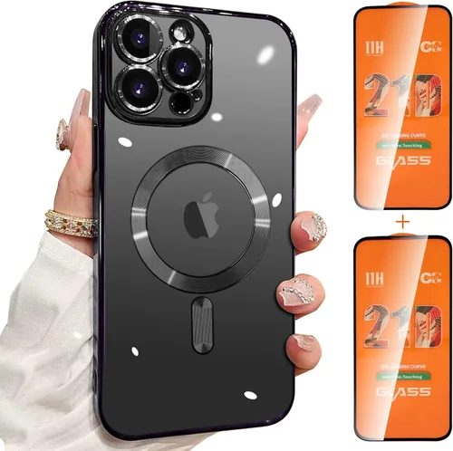 Magsafe - Funda para iPhone 14 Pro Max, funda magnética transparente para teléfono con protector de pantalla y cubierta de cámara, funda galvanizada