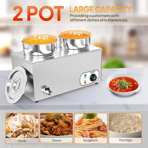 Miniatura 5 de ROVSUN Calentador de sopa eléctrico, mesa de vapor comercial de 15 cuartos de galón, encimera Bain Marie con ollas dobles de 7.4 cuartos de galón