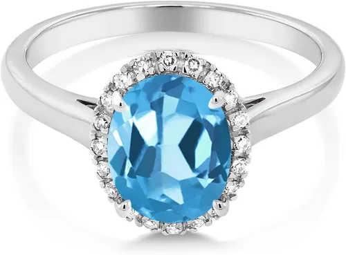 Miniatura 31 de Gem Stone King Anillo de compromiso ovalado de oro blanco de 10 quilates con piedra natal y halo de diamantes Ovalado de 0.354 x 0.276 in Anillo