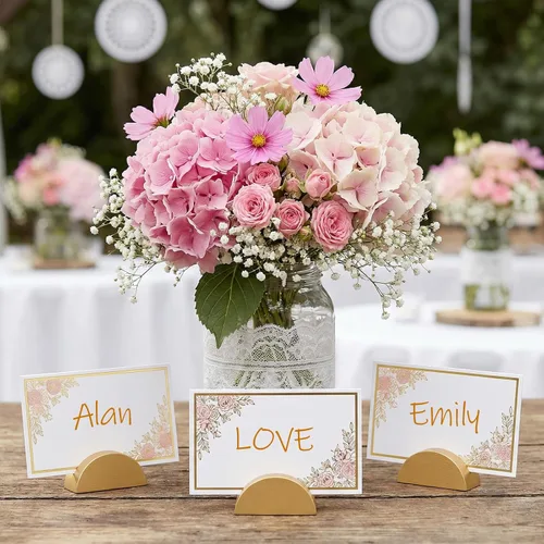 Miniatura 5 de 50 soportes dorados para números de mesa, tarjeteros de madera con 50 tarjetas, soportes de números de mesa semicirculares para restaurantes, bodas