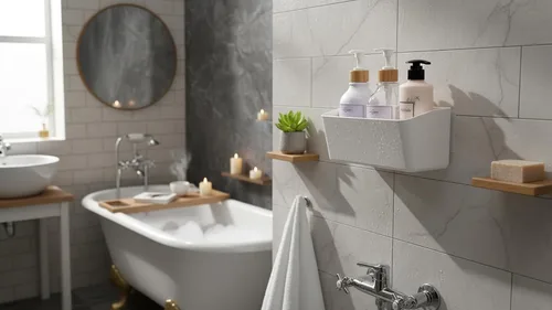 Miniatura 3 de Estante de baño, estante adhesivo para ducha, organizador de baño, sin taladro, cesta de ducha de plástico, estante de almacenamiento blanco