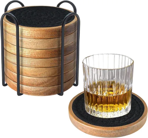 Miniatura 22 de Eykao Paquete de 5 posavasos absorbentes para bebidas, posavasos tejidos de 4.3 pulgadas para mesas de café, posavasos de madera para protección