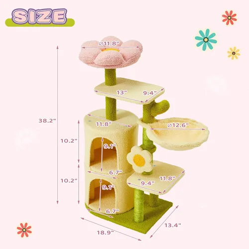 Miniatura 2 de Erinnyees Árbol de flores para gatos, torre para gatos de 38.2 pulgadas, torre de árbol de gatito de varios niveles para interiores, casa de gatitos