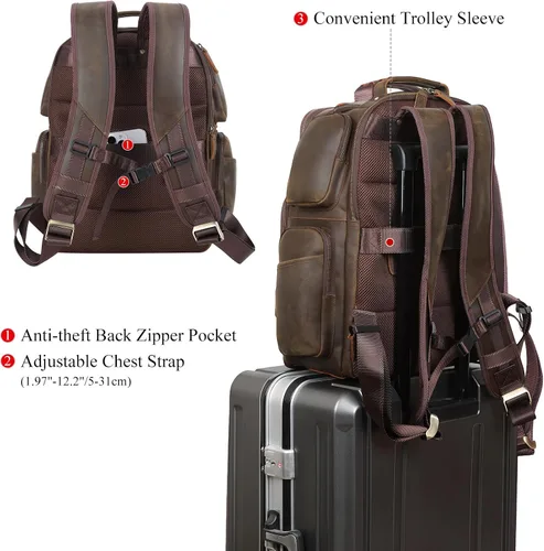 Miniatura 3 de TIDING Mochila vintage de cuero de grano completo para laptop de 16 pulgadas para hombre, con múltiples bolsillos, mochila de viaje, fin de semana