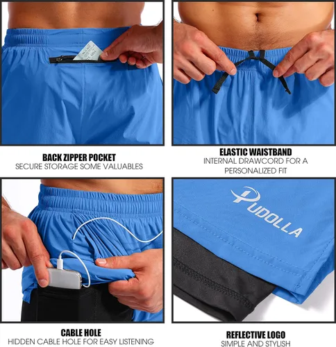 Miniatura 5 de Pudolla Mens 2 in 1 Running Shorts 7" Quick Dry Gym Athletic Workout Shorts for Men with Phone Pockets
