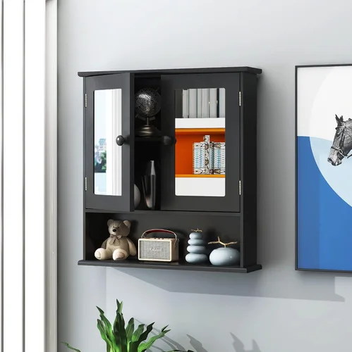 Miniatura 3 de TaoHFE Gabinete de medicina negro, 2 puertas con 3 estantes abiertos, gabinete de almacenamiento de madera montado en la pared sobre el inodoro