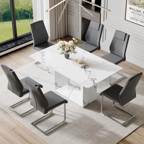 Miniatura 29 de Conjunto de mesa de comedor MUUOKY para 4, mesa de cocina de 63'' y sillas para 4, conjunto de mesa gris y 4 sillas modernas, adecuado para comedor
