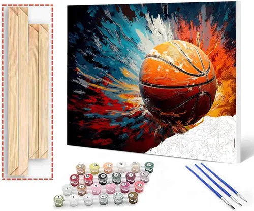 Miniatura 20 de Aihonmin Pintura por números, tema de baloncesto, kit de pintura al óleo para niños y adultos, pintura de dibujo de 16 x 20 pulgadas, pigmento Bola