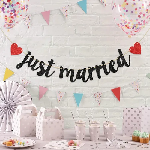 Miniatura 5 de Cartel de Just Married – Cartel de boda – Decoración de despedida de soltera de boda (negro y rojo)